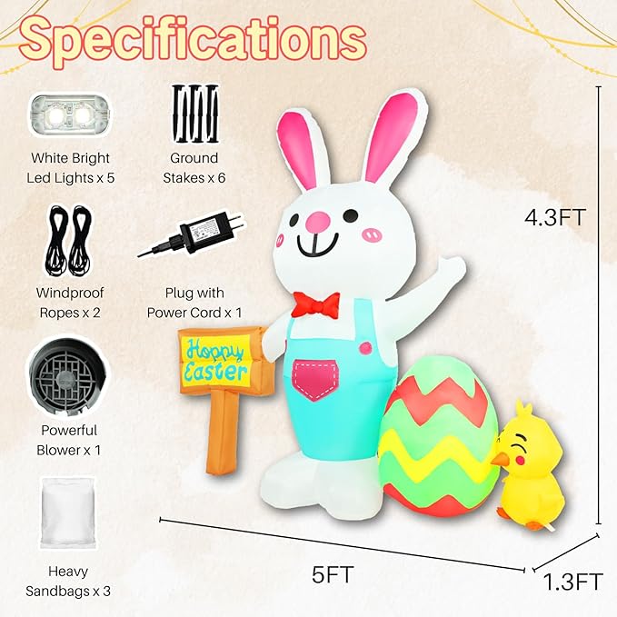 5FT Easter Inflatable Outdoor Decorations Bunny with Egg & Chick Blow Up Yard Ornament with Soft LED Illumination Stable Blower & Fixing Kit for Spring Lawn Decor Garden Holiday Party Display