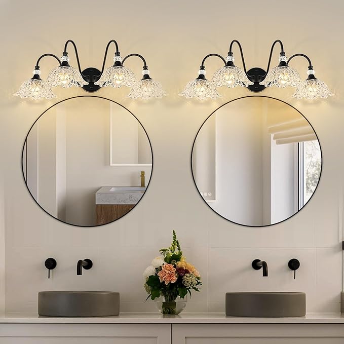 4-Light Matte Black Bathroom Vanity Light, Farmhouse Vanity Light with Floral Clear Glass Shades, Vintage Wall Mount Lighting for Bathroom
