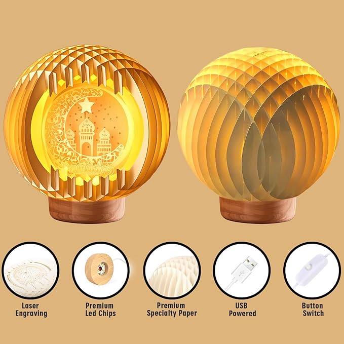 Light Up Ramadan lights with USB Charging for Tabletop, Paper Carving Ramadan Decorations for Home,Ramadan Decor Lamp,Ramadan Gifts for Kids,Ramadan Mubarak Kareem Sign for Eid Table Decorations (not Wood Material)