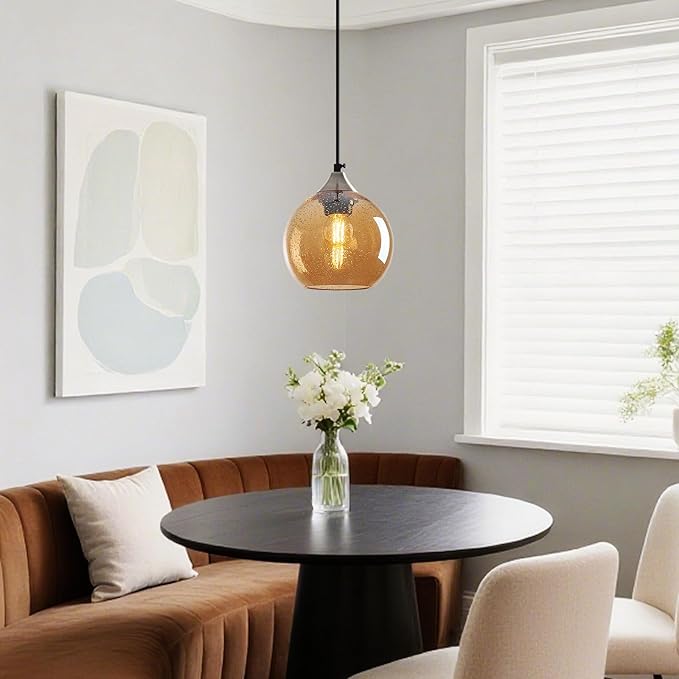 Amber Glass Pendant Lights Kitchen Island Globe Pendant Light Fixtures Modern Pendant Lighting for Bedroom Living Dining Room Light Fixture (5.9 in, 3 Pack)