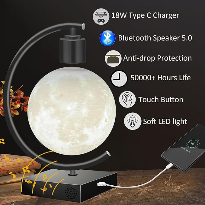 Magnetic Levitating Moon Lamp with Bluetooth Speaker 18W Fast Charger for iPhone iPad Samsung Galaxy Smart Watch Floating 3D Moon Magnet Planet Globe LED Night Light Colorful Christmas Gift
