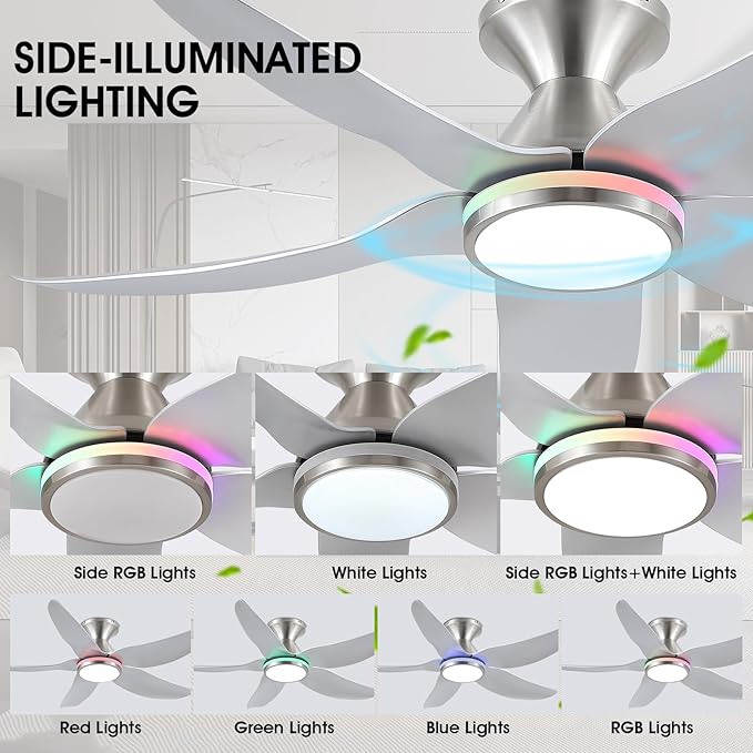 46" Ceiling Fans with Lights Remote/APP Control, Low Profile Ceiling Fans with Dimmable White Colors+Ring RGB Lights, 6 Speeds 5 Reversible Curved Blades for Kids Room Bedroom Living Room Bar, Nickel