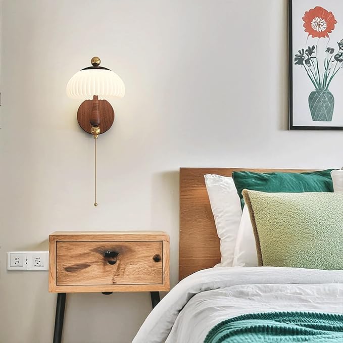 Retro Nordic Unique Creative Design Walnut Wood Grain LED Wall Sconce Mushroom Pleated PE Lampshade Pull Chain for Living Room Bedroom Hotel Bedside Hallway Study Ambient Deco