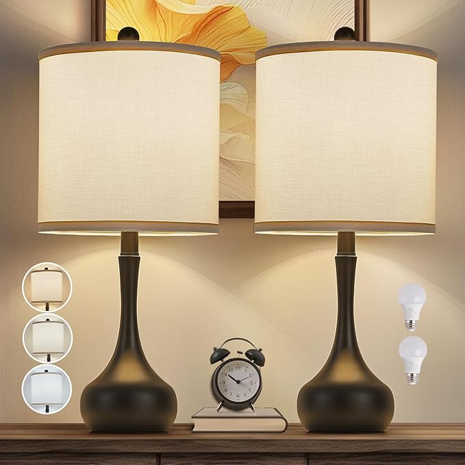 23" Black Metal Modern Table Lamp Set of 2,Farmhouse Bedside Lamps for Living Room, 3 Color Temperature Rustic Table Lamps for Bedroom, Night Stands, Dorm,Office, Home Décor(Bulb Included)