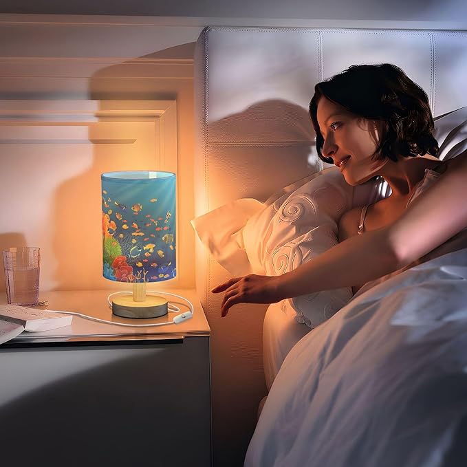 Table Lamp Underwater Sea Fish Coral Ocean Sunshine Nightstand Lamp with Wood Base Fabric Lamp Shade Bedside Desk Lamp for Living Room Bedroom Kids Room Office