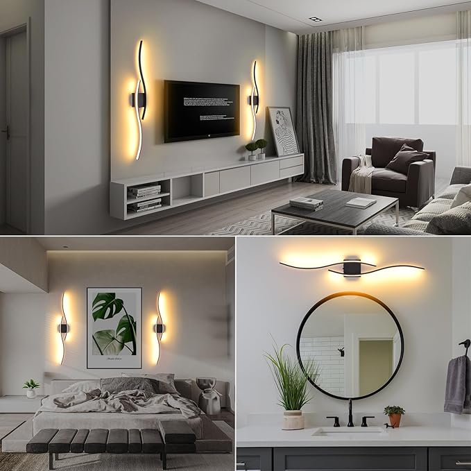 Battery Operated Wall Sconces Set Of Two, 3000K-6500K 39 inch black LED dimmable wireless wall sconce with remote control, USB rechargeable wall lights for Living Room Bedroom Hallway Background