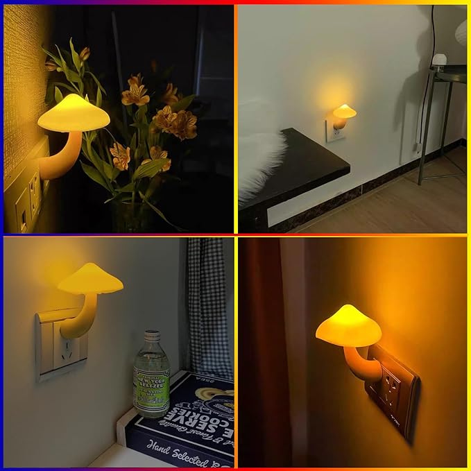 ESUPPORT 2 Pack Mushroom-Shaped Energy Saving Sensor LED Night Light with Plug Yellow(Average Life Expectancy 50000h) Yellow