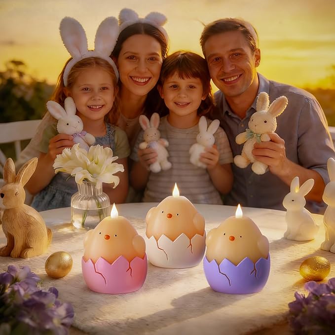 3PCS Easter Hatching Chick Flameless Candles – Easter Candles with Remote, Battery Operated LED Egg Candles in Pink Purple Ivory, Flickering Flame & Timer for Spring Table Centerpiece, Home