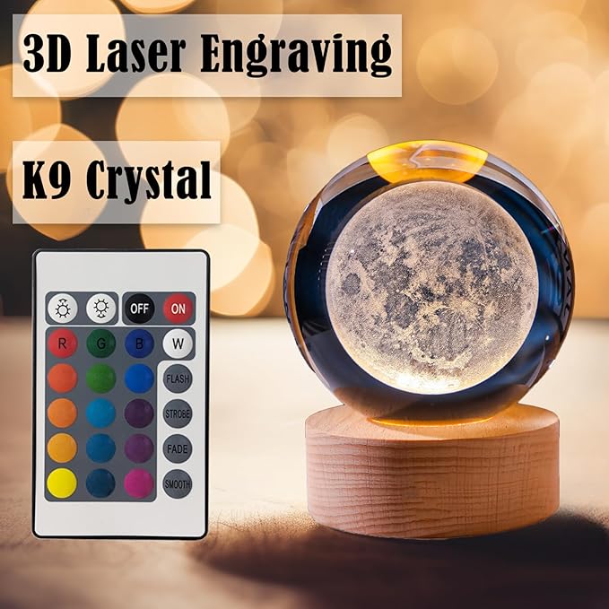 3D Moon Crystal Ball Night Light & Planet Lamp - 2.36" Glass Sphere, Automatic Color Change with 16 Colors & 4 Modes - Ideal Decorative Gift for Boy Girls Friends (3-Moon, 2.36" (Inch))