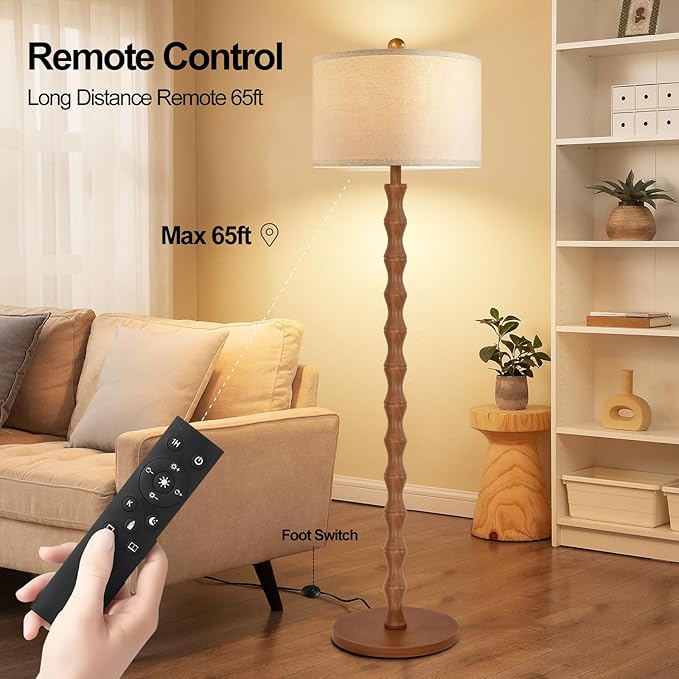 Wood Floor Lamp with 3 Color Temperatures,Boho Floor Lamp with Remote Control,Dimmable Vintage Floor Lamp Mid Century Modern Standing Lamp Farmhouse Tall Pole Lamp for Living Room Bedroom
