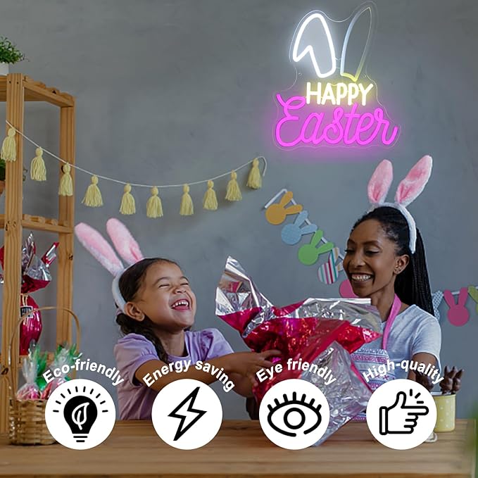 Happy Easter Neon Sign for Wall Dimmable Bunny LED Light Sign for Bedroom Kids Room Pink White Rabbit Decor Easter Lights for Holiday Party Supplies Cute Animal Night Light Gift 15" x 12.6"