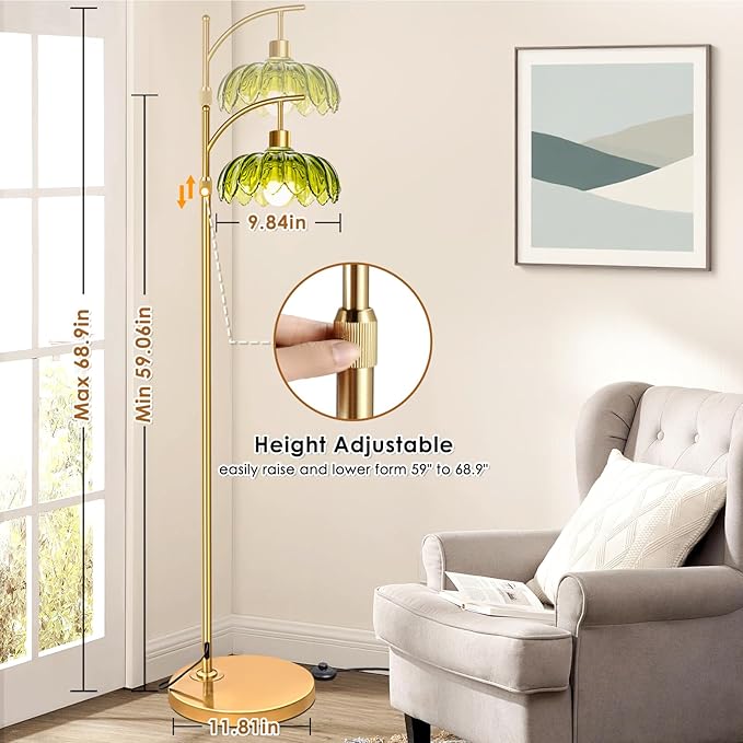 Gold Floor Lamps for Living Room: Tall Standing Lamp for Bedroom Office, Arc Mid Century Modern LED Floor Lamp with Remote, Vintage Boho Dimmable Green Flower Lamp for Corner