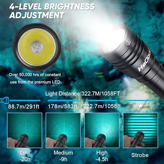 3000LM Scuba Diving Flashlight with Rechargeable Dive Light Underwater Flashlight 328ft IPX8 Waterproof 4 Modes Scuba Safety Light with Charger for Submarine Deep Sea Snorkeling