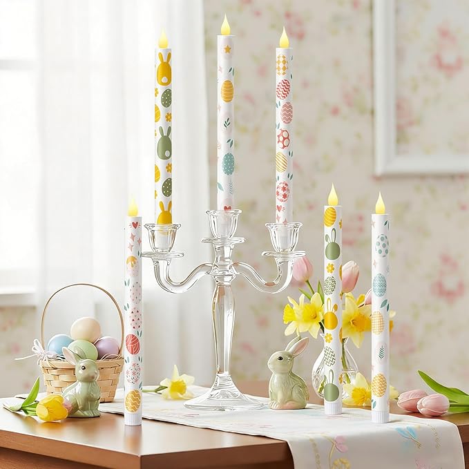 Honoson 6 Pcs Easter Flameless Taper Candles 10.6 Inch Colorful Egg Bunny Candles Battery Operated LED Candlesticks for Easter Dinner Table Home Party Decor