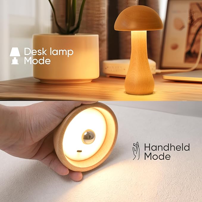 Wooden Mushroom Lamp, Portable Cordless Touch Switch Rechargeable Battery Operated Lamp,Stepless Dimming, 360 Degree Rotation Angle Adjustable，Night Light for Birthday Gifts