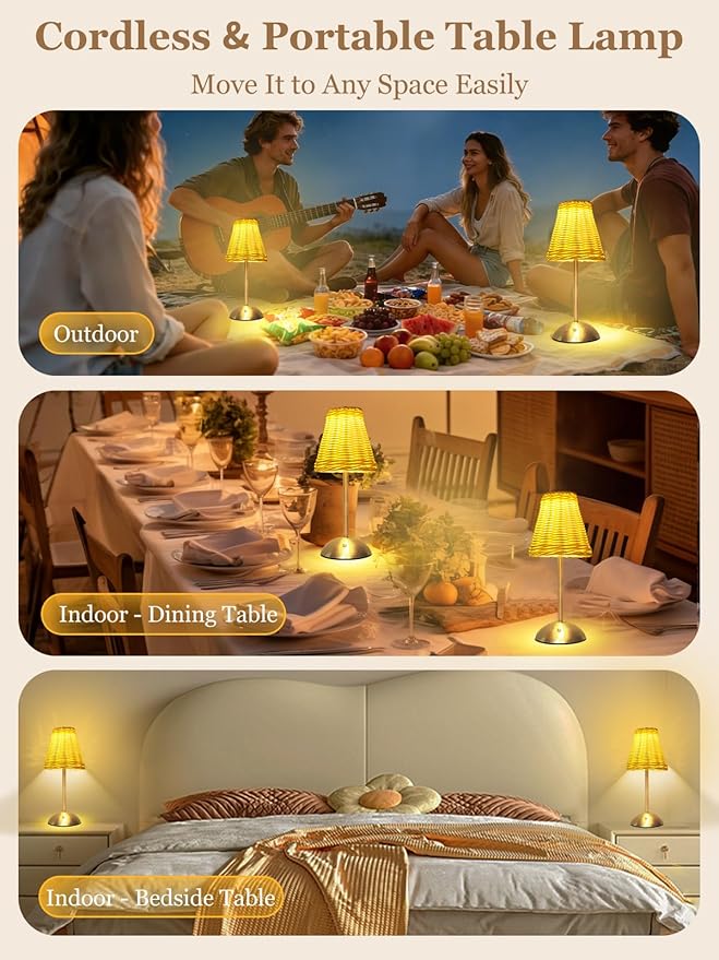 Boho Rattan Table Lamp, Cordless Wicker Woven Vintage Table Lamp - LED Rechargeable Touch Control 3 Color Dimmable Reading Bedside Lamp for Bedroom Living Room Office, Home Outdoor Decor (White-2)