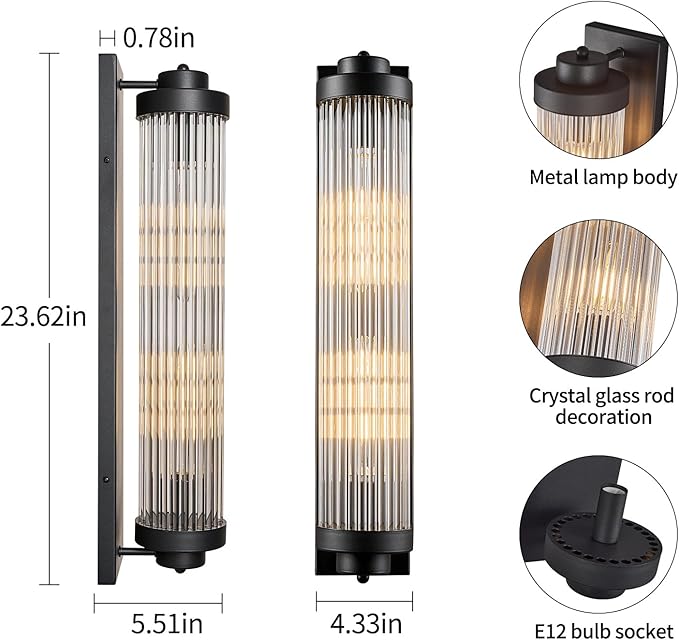 Black Wall Sconces with Crystal Glass Strip Bathroom Sconces 2 Light E12 Base Modern Wall Lights for Bedroom Living Room Hallway Wall Light Fixtures (1 Pack)
