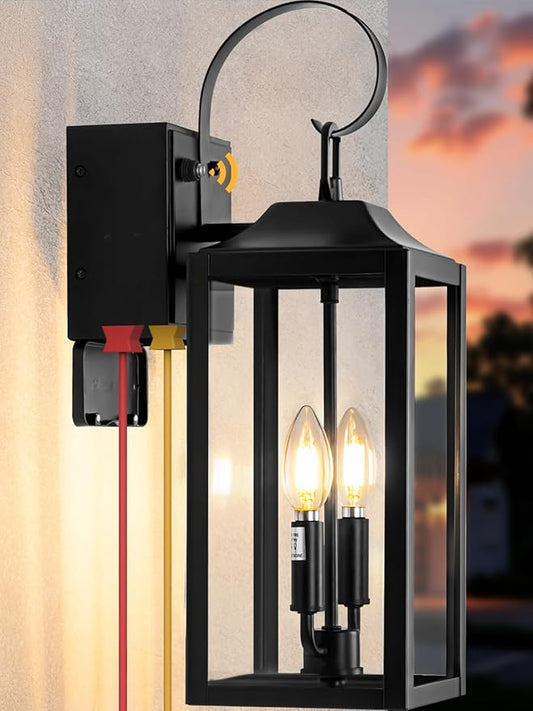 Large Porch Lights with GFCI Outlet, 19" Black Dusk to Dawn Outdoor Wall Lantern 2-Light, Exterior Lighting Fixtures with GFCI Outlet Built-in, Waterproof Outdoor Wall Sconce for House Front Door