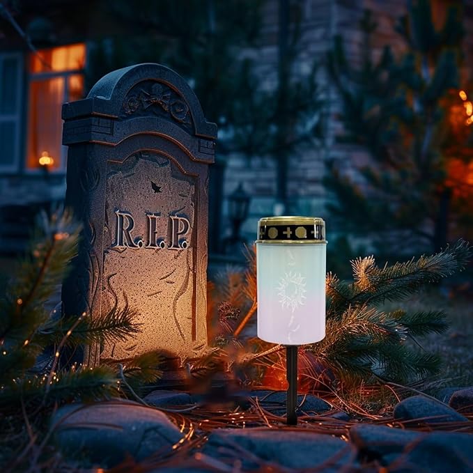 Cemetery Solar Lights Waterproof Solar Powered Grave Lights Sun Print Landscape LED Flameless Candle Grave Decor Memorial Gift Garden Decor