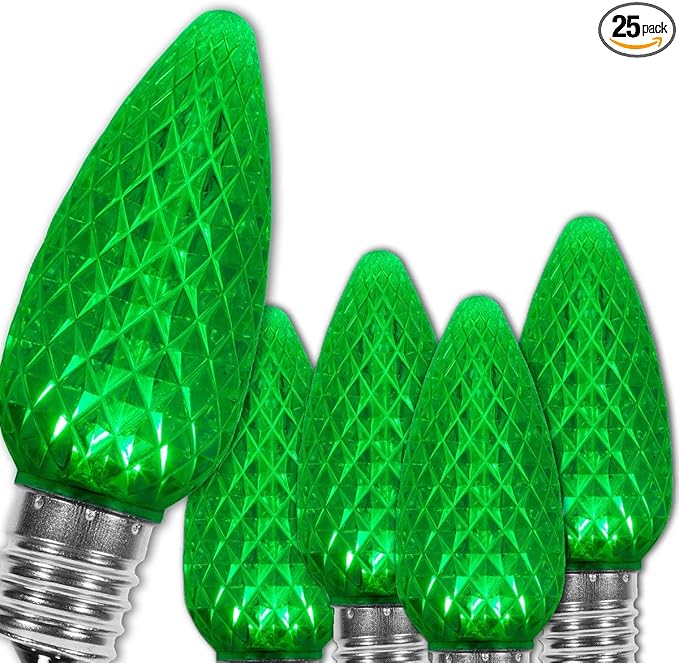 Wintergreen Lighting 25-Pack OptiCore C9 LED Green Light Bulbs - Replacement Christmas Light Bulbs, Halloween, St. Patrick's Day, E17 Base (Faceted)