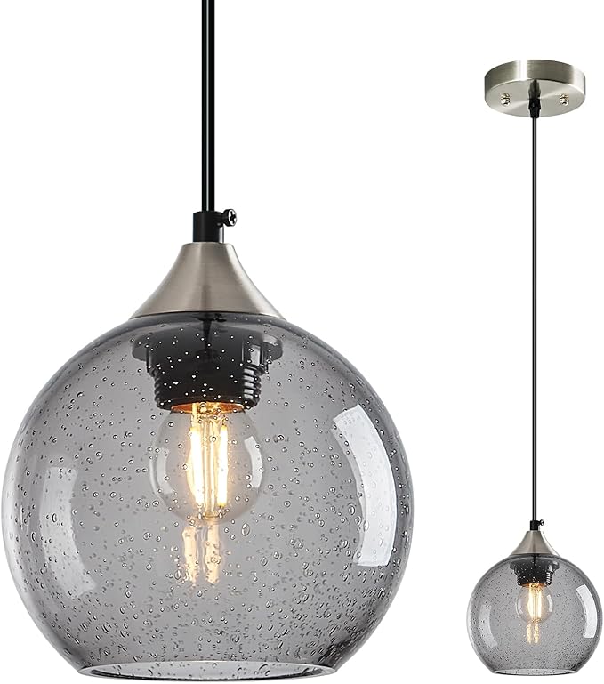 Light Grey Glass Pendant Lights Kitchen Island Globe Pendant Light Fixtures Modern Pendant Lighting for Bedroom Living Dining Room Light Fixture (5.9 in, 1 Pack)