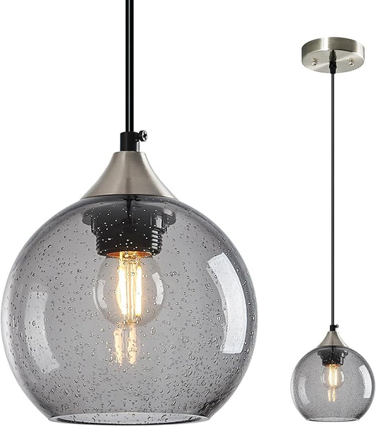 Light Grey Glass Pendant Lights Kitchen Island Globe Pendant Light Fixtures Modern Pendant Lighting for Bedroom Living Dining Room Light Fixture (5.9 in, 1 Pack)