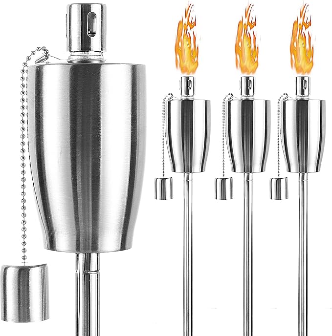 FAB BASED 55 Inch Outdoor Oil Torch Lamp–4 Pieces Rustproof Stainless Steel Citronella Torches, 11.16 oz, Includes Funnel & Fiberglass Wicks for Patio Garden Backyard (Ecru)