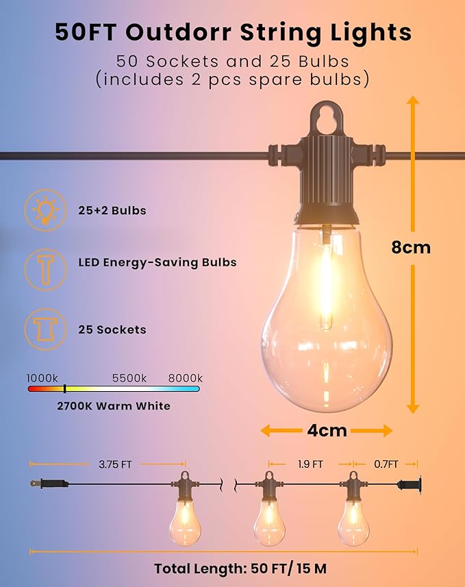 Outdoor String Lights, 50FT LED Patio Lights with 25+2 A45 Vintage Edison Shatterproof Bulbs, Waterproof Connectable Dimmable Outside Hanging Lights for Backyard Bistro Porch Garden