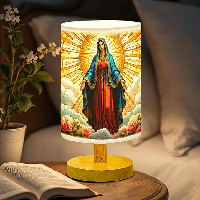 Our Lady of Guadalupe Table Lamp LED 3-Color Pressed Bedside, Our Lady of Guadalupe Shade Lamp with Wood Base for Bedroom Living Room Desk Office TL01