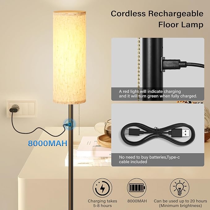 Cordless Floor Lamp for Living Room, with 3 Color Temperature and Pull Cord Switch, 8000mAh Battery Operated Portable Rechargeable Modern Standing