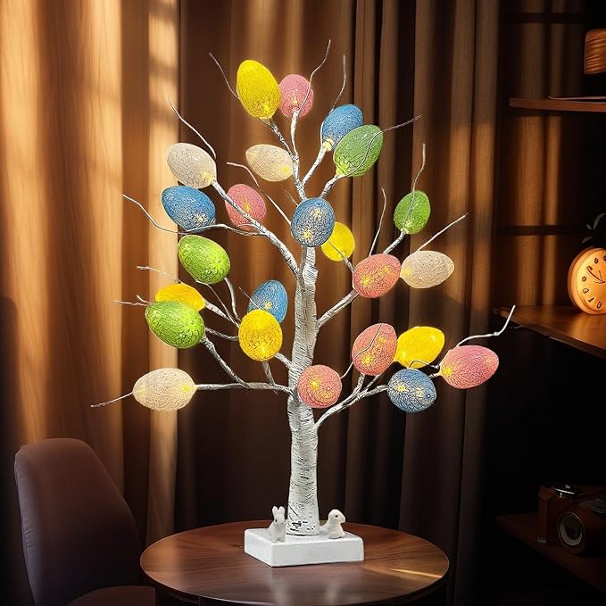 Easter Decorations,Pre-Lit Artificial Easter Egg Tree with LED Lights,2FT Lighted Birch Tree,Light up Tree Lamp for Spring Holiday Tabletop Decor