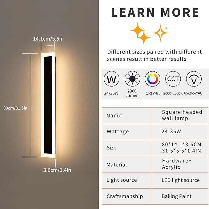 Mikeru 2Pack 31.4inch Modern Outdoor Exterior Wall Light, 3000k/4500k/6000k 3 Colors Switchable Large Outdoor Fixture Wall Mount, Ip65 Waterproof Modern Long Porch Light, Hardwired (Width: 5.5inch)
