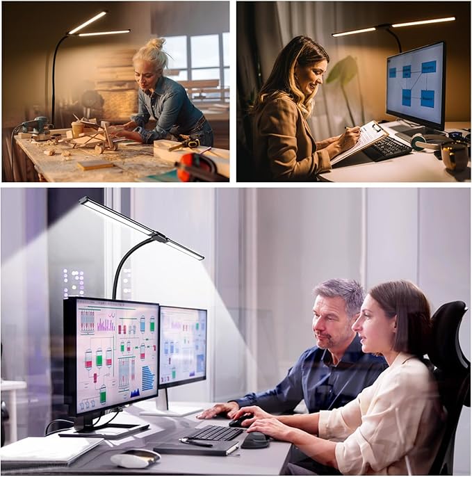 LED Desk Lamp with Two Heads, Clamp On Desk Lamps, 24W, 4000 LMS, CRI>90, 5 Color Modes (2600K-6500K), 10 Brightness Levels, Adapter Included
