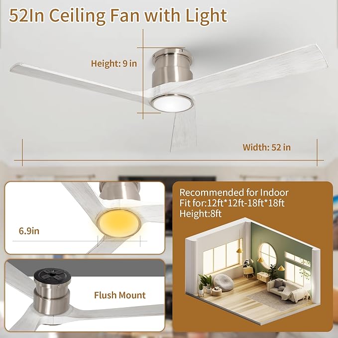 52Inch Ceiling Fan with Lights Remote Control,Flush Mount Ceiling Fan with Noiseless Reversible DC Motor with 6-Speed and Timer for Bedroom,Living Room,Home Office,Brushed Nickel