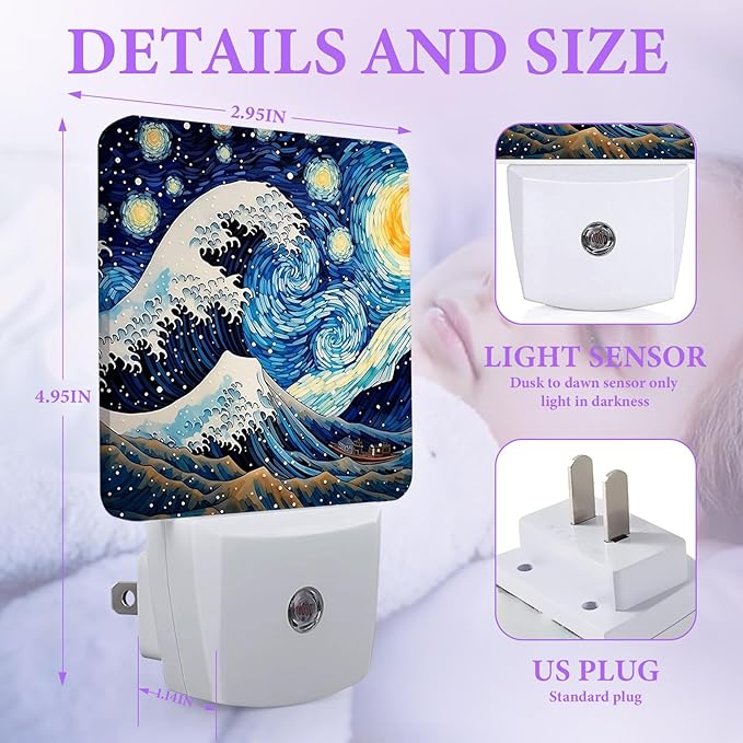 Japanese Sea Waves Night Light,Plug-in Night Lights with Dusk-to-Dawn Sensor for Bedroom,Bathroom and Living Room Sleep Friendly lamp 0.5w