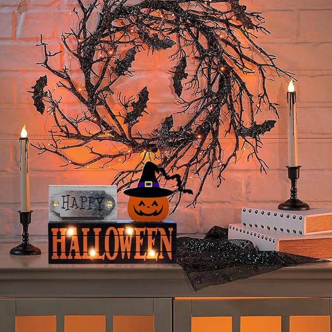 DECSPAS Halloween Decorations Indoor, Large Size 2-Layered Wood Block with LEDs and Pumpkin Face, Happy Halloween Sign Decorations for Home, Tabletop Gothic Decor for Party Shelf, Table, Mantel