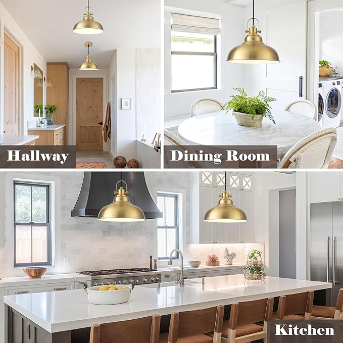 Gold Pendant Lights Kitchen Island, 11.41 Inch Dome Pendant Light, Farmhouse Pendant Lights, Kitchen Pendant Light for Kitchen Island, Dining Room, Living Room (1 Pack)