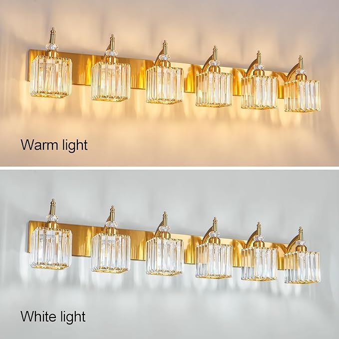 Crystal Vanity Lights - Gold 6 Light Modern Bathroom Vanity Light Fixtures Over Mirror