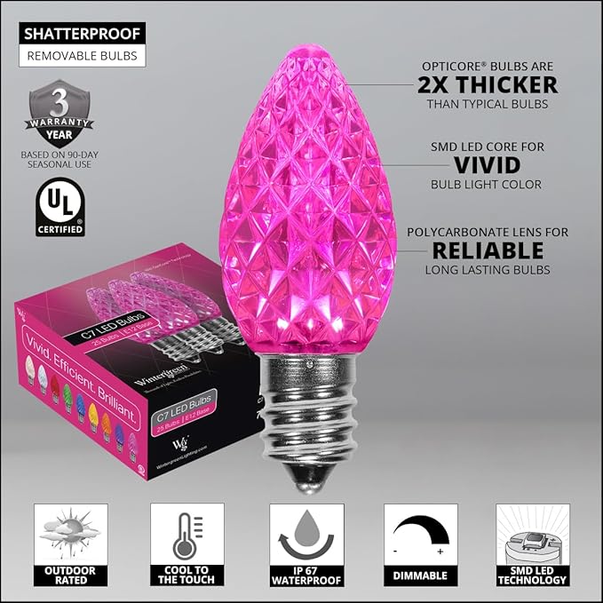 25 C7 OptiCore Commercial Pink Christmas Lights – LED Outdoor Lights for Holiday, Party, Bedroom, Reveal; Heavy Duty Green Wire (25 ft)