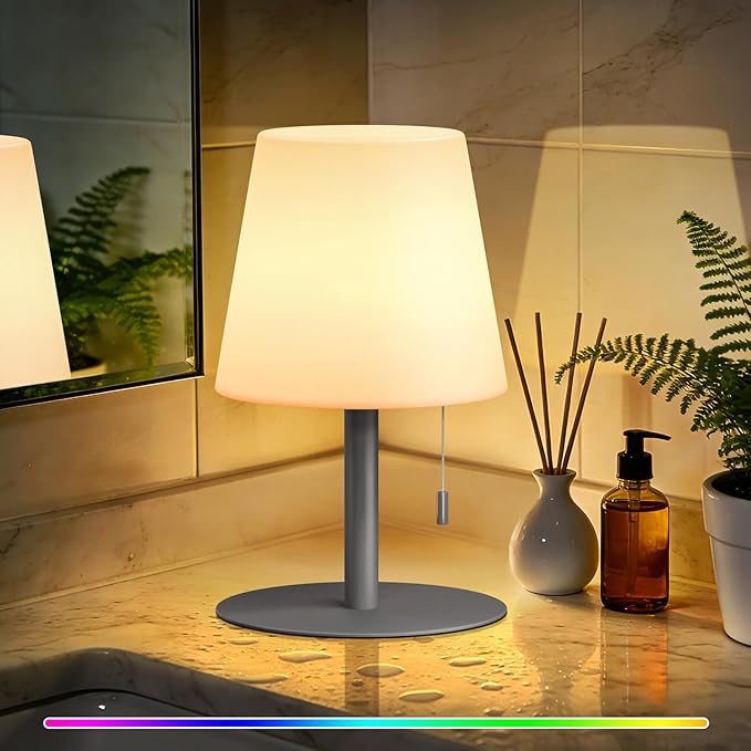 uuffoo Shower Lamp Waterproof Warm White & RGB Shower Light Dimmable LED Rechargeable Table Lamp Cordless Outdoor Lamps Portable for Indoor Outdoor Bathroom Home Patio H9.8in D6.3in (Gray)