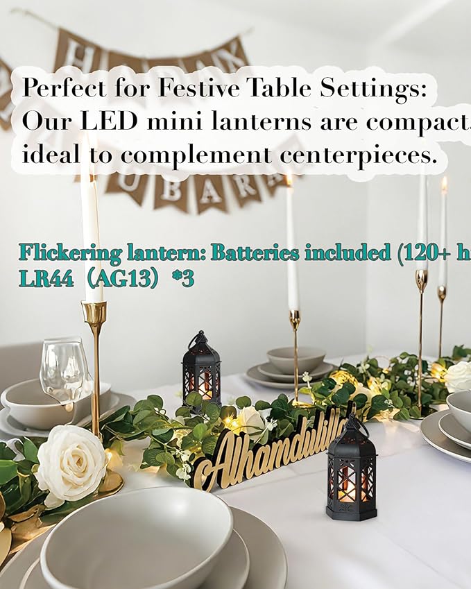 8-Pack Mini Lanterns with Flickering LED Candles for Ramadan, Moroccan Decorative Hanging Lanterns for Halloween, Christmas, Wedding, Black Lantern for Table Centerpiece, Home & Party Decor
