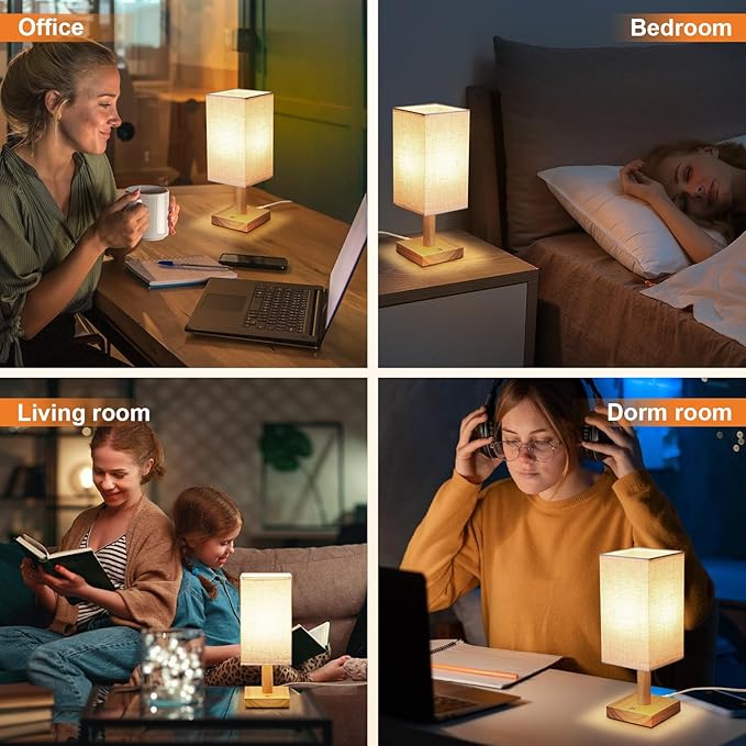 Small Corded Touch Square Table Lamp Set of 2 with Stepless Dimming, Natural Wood Base & Linen Fabric Shade, 5W Ambient Night Light for Bedroom, Bedside, Nightstand, Living Room, Nursery