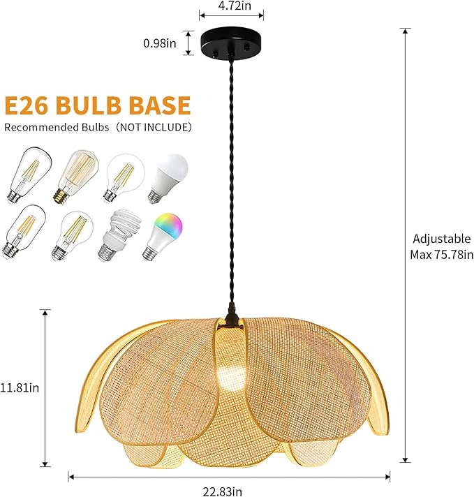 Boho Chandelier, Hemp Rope Pendant Light Hand-Woven Rattan Hanging Lamp Wicker Retro Light Fixtures for Hallway Entryway Kitchen Island Dining Room Bedroom(1-Pack)