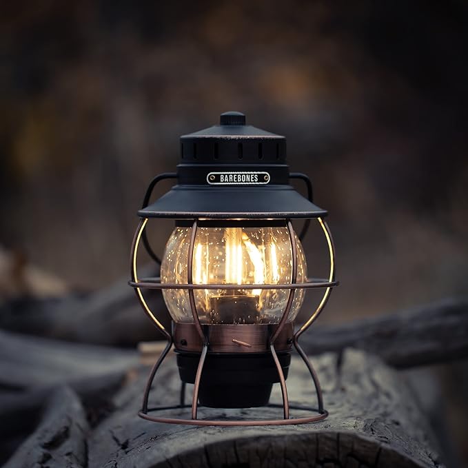 Barebones Railroad Lantern – Antique Bronze, Vintage-Inspired LED Camping Lantern with Rechargeable Battery – Adjustable Brightness Outdoor Light for Camping Gear, Backyard, and Home Decor