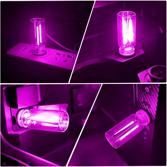 2 PCS Car USB Lights, Plug-in Retro Car Atmosphere Lamp with Touch Dimmable, Portable Mini Glass Bottle LED Bulb Night Lights for Vehicle Bedroom Hallway Camping Holiday Decoration (Purple)