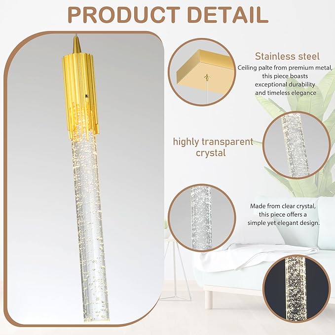 Flashing God 5-Lights Rectangular Pendant Lights for Kitchen Island Gold Linear Crystal Chandelier Modern Chandeliers for Kitchen Island Dining Room