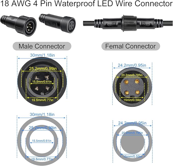 MAD OWL 4-Pin Waterproof LED Wire Connector Kit, 18 AWG 11inch/28cm Male Female Connectors with Tin Plated Joint for Various Waterproof Wires DIY (4 Set Black)