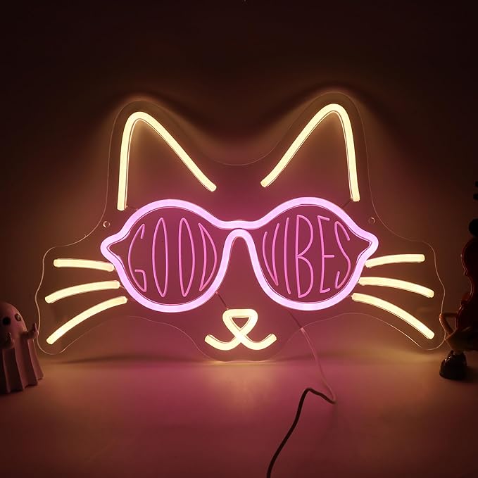 Cat Neon Sign GOOD VIBES LED Neon Light Sign for Wall Decor, Cute Kitty Neon Signs for Bedroom, Bar, Party, Game Room, Living Room, Aesthetic Home Decoration