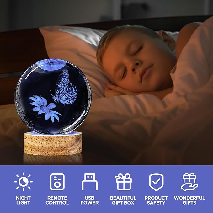 3D Crystal Ball Night Light with Wooden Base, 3.15" Butterfly & Flower Figurine Glass Lamp with 16 Colors, Cute Desk Decor for Bedroom Gifts