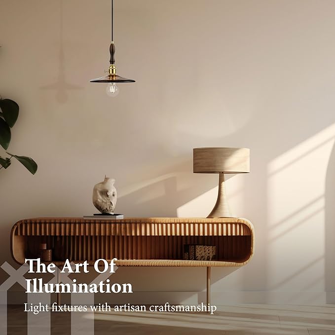 Modern Amber Glass Pendant Light, 9"x7.3" Wide Disc-Shaped Hanging Fixture with Wood & Brass Detail, 15"-72" Adjustable Line, E26 Socket – Golden Amber Disc